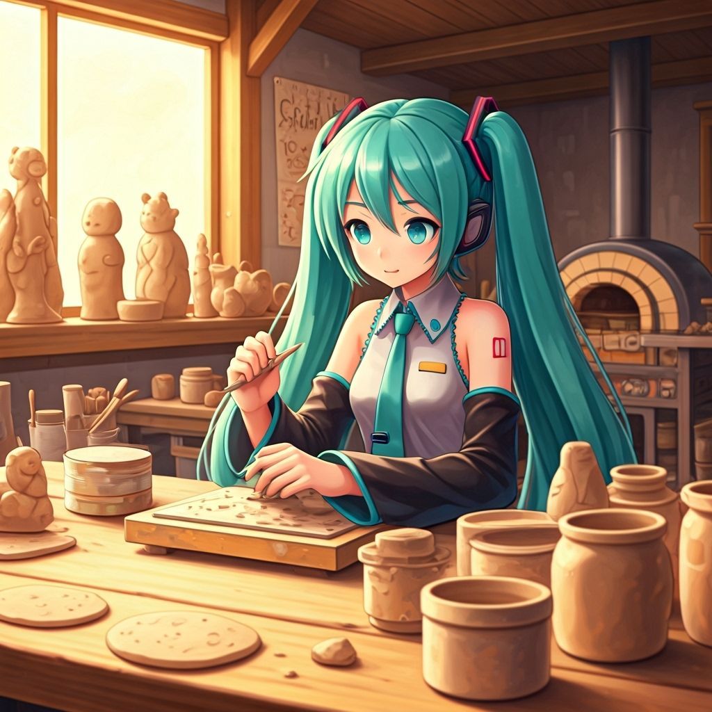 Hatsune Miku in Clay Workshop Creating Sculptures