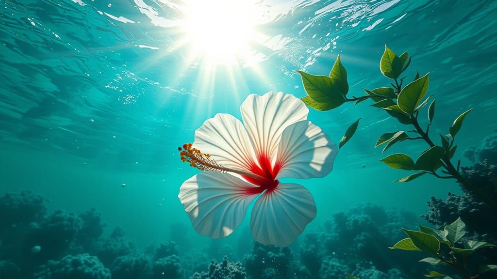 Underwater Hibiscus Flower in Turquoise Sea, Digital Art