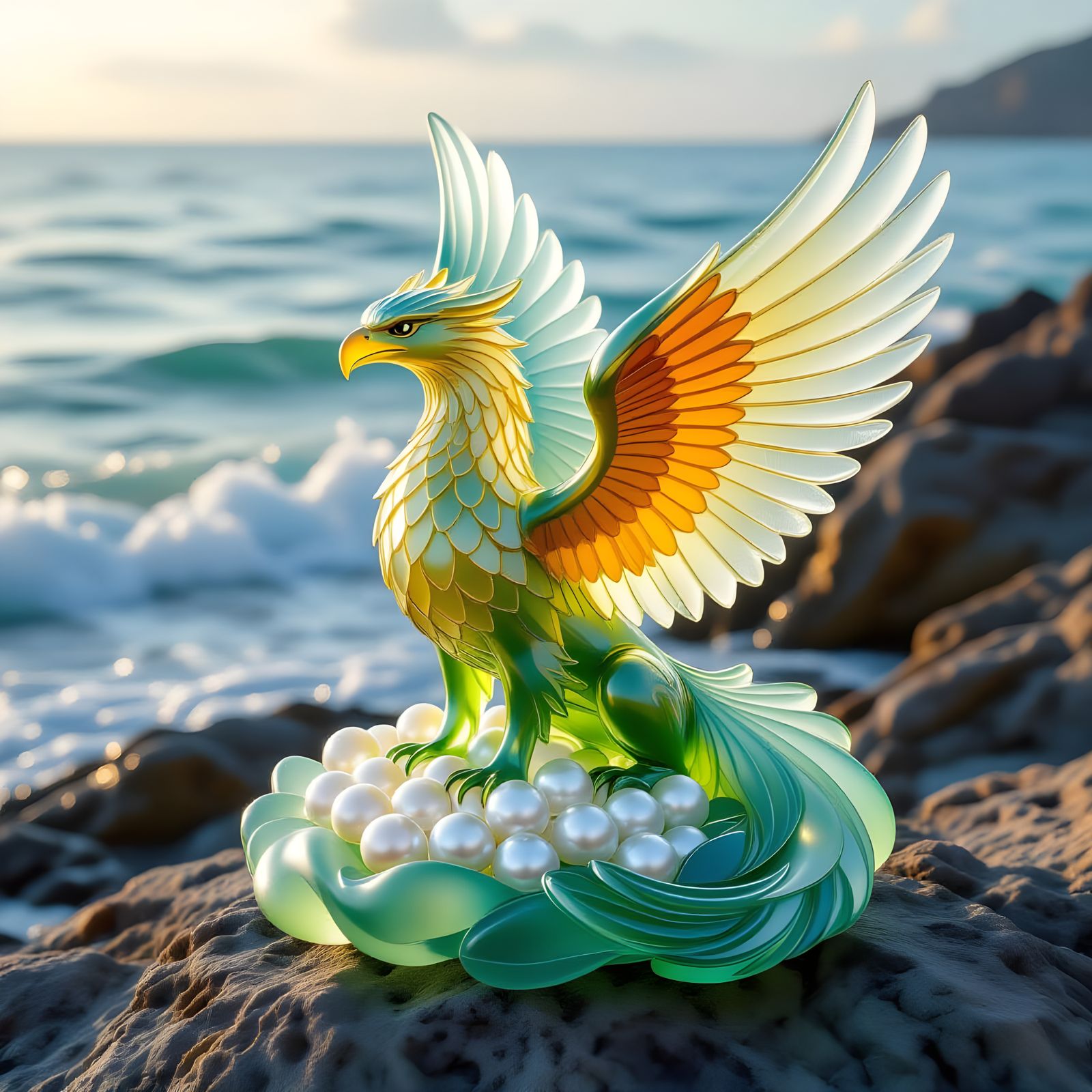 Mythical Sea Glass Griffin Over Pearl Nest
