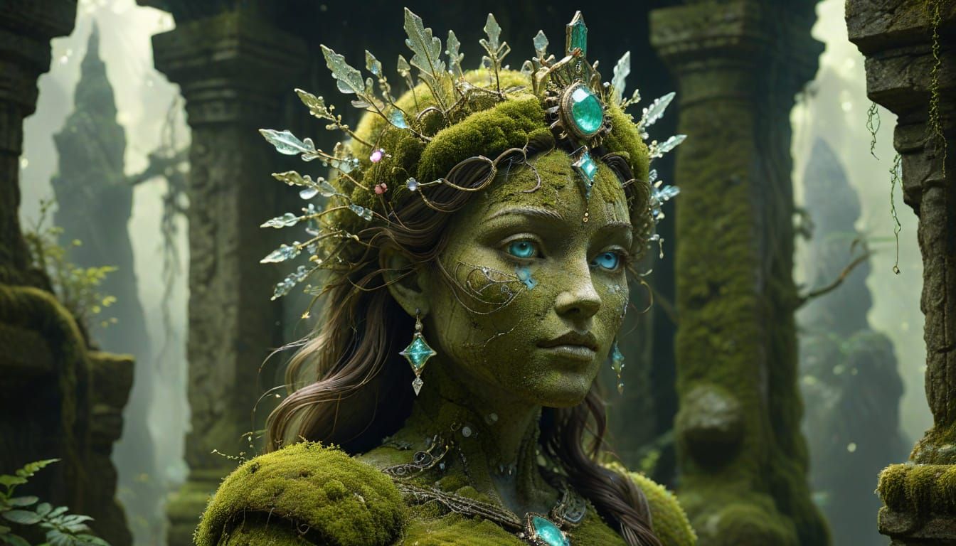 Moss-Covered Stone Automaton Awakens in Mystical Temple