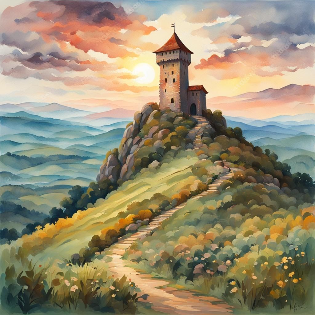 Medieval Tower at Dawn in Gouache Style