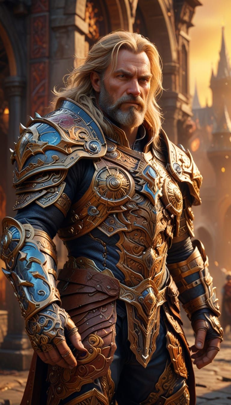 Epic Fantasy Warrior in Vibrant, Animated Cityscape