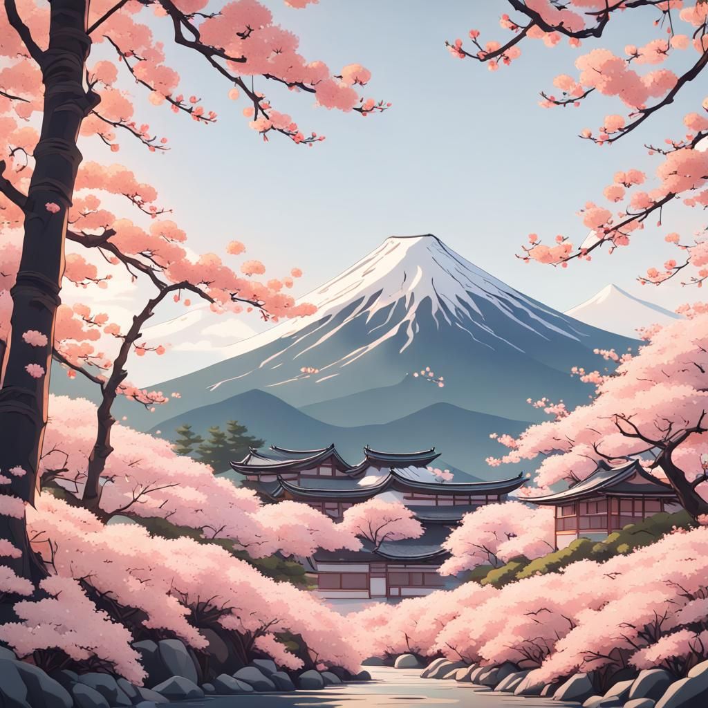 Mount Fuji and Sakura Trees in Ukiyo-e Style