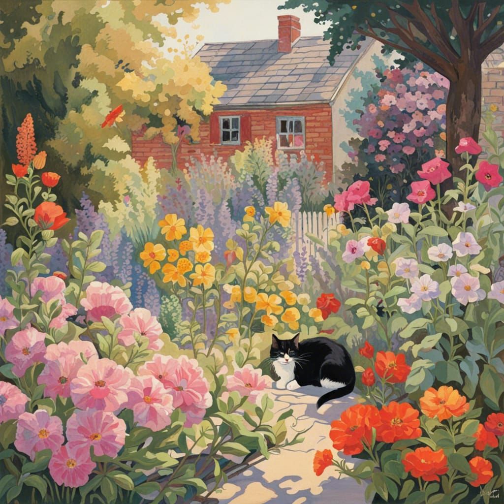 Colorful Garden with Sleeping Cats