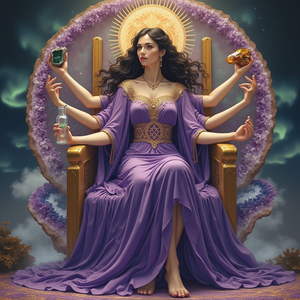 Regal Woman on Amethyst Throne in Art Deco Style