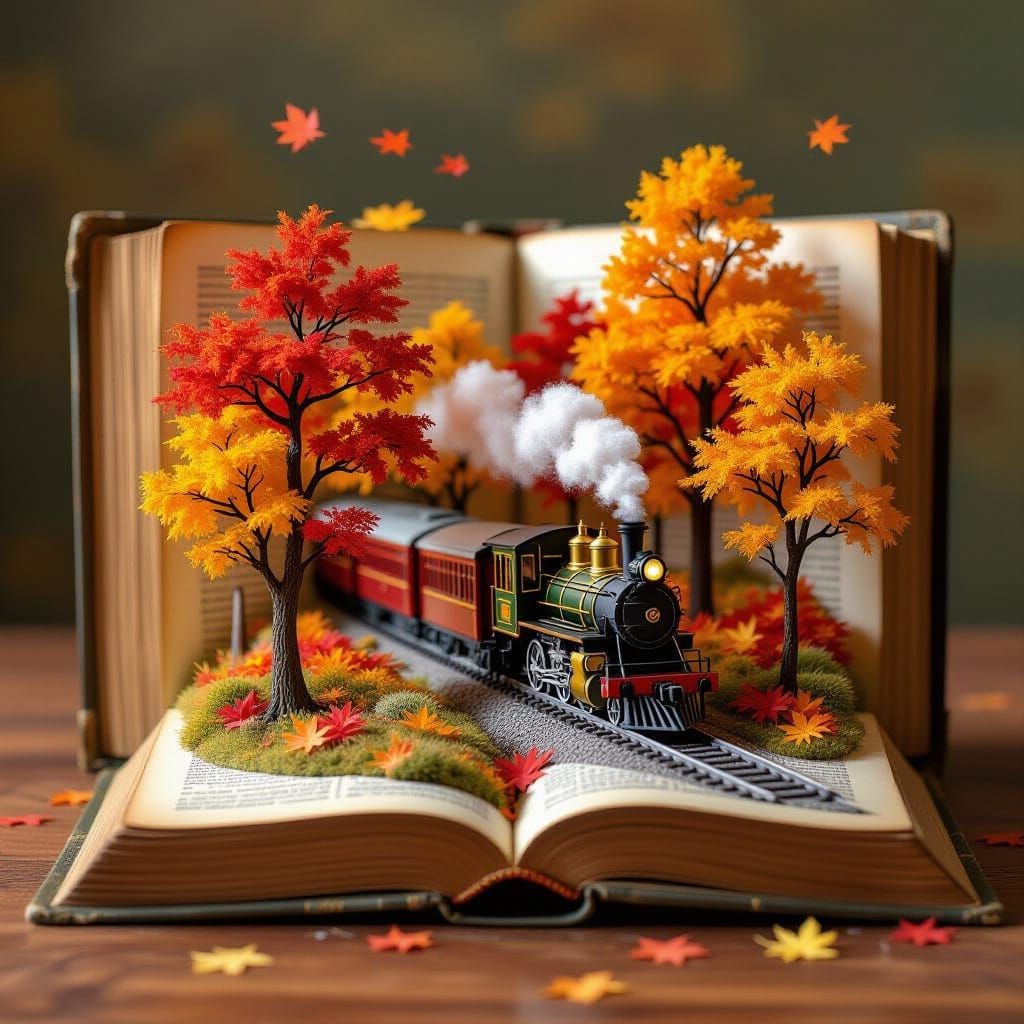 Autumn Train Scene in Antique Book, High Detail 3D