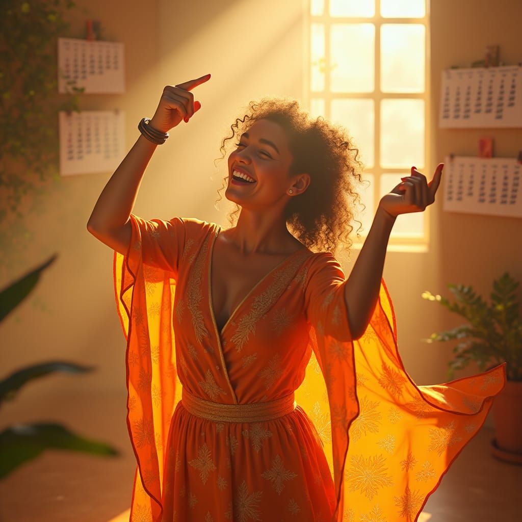 Euphoric Person Points to Calendar in Dreamlike Style