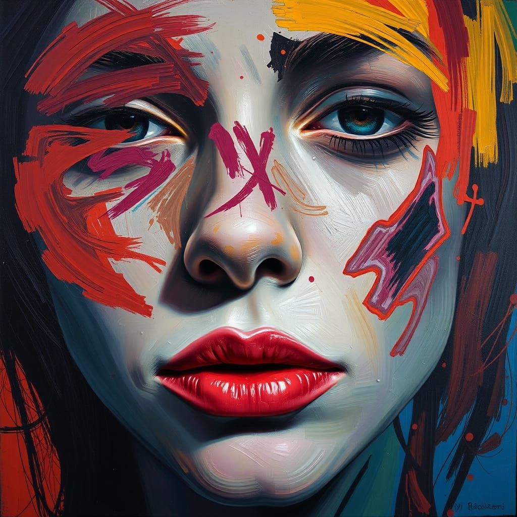 Abstract Portrait in Expressionist Style with Swirling Shape...