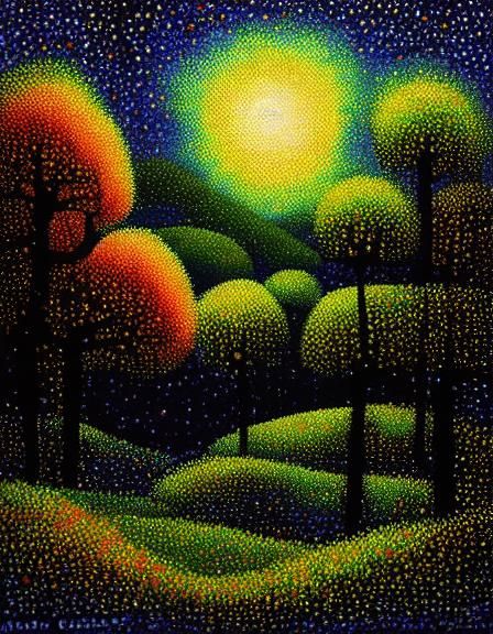 Owl Soaring in Starry Night Sky, Pointillism Style