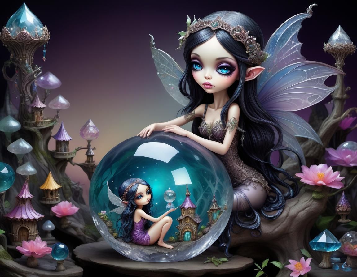 Darkling Fairy Perched on Crystal Globe