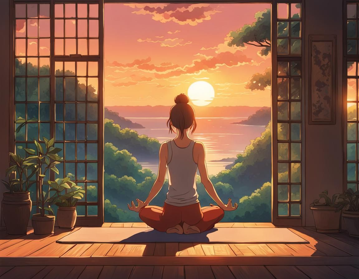 Woman Doing Yoga at Sunset: Studio Ghibli Style