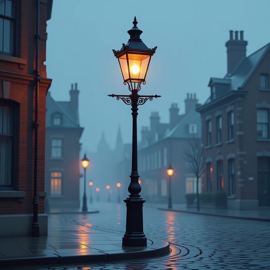 Victorian Street Lamp with Industrial Glow in Digital Painti...