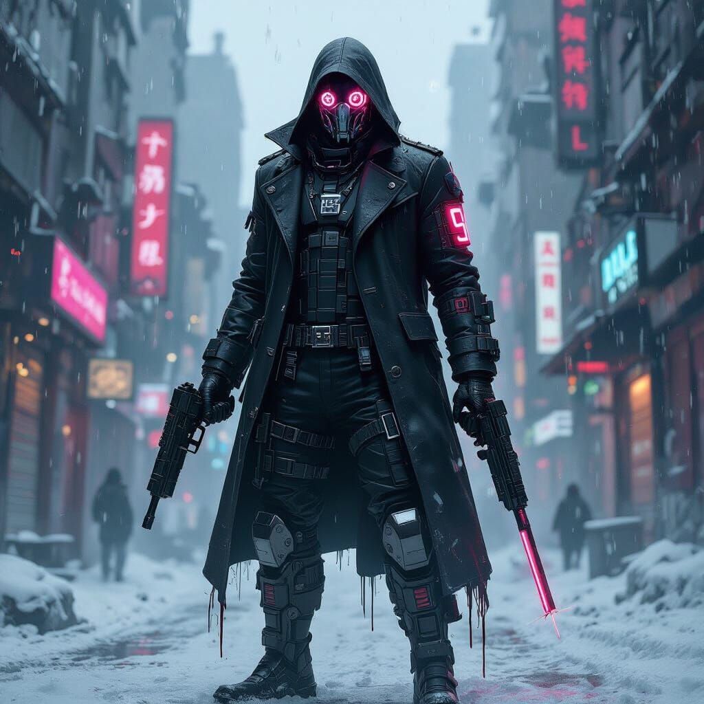 Cyberpunk Raider in Frozen City with Dripping Numbers