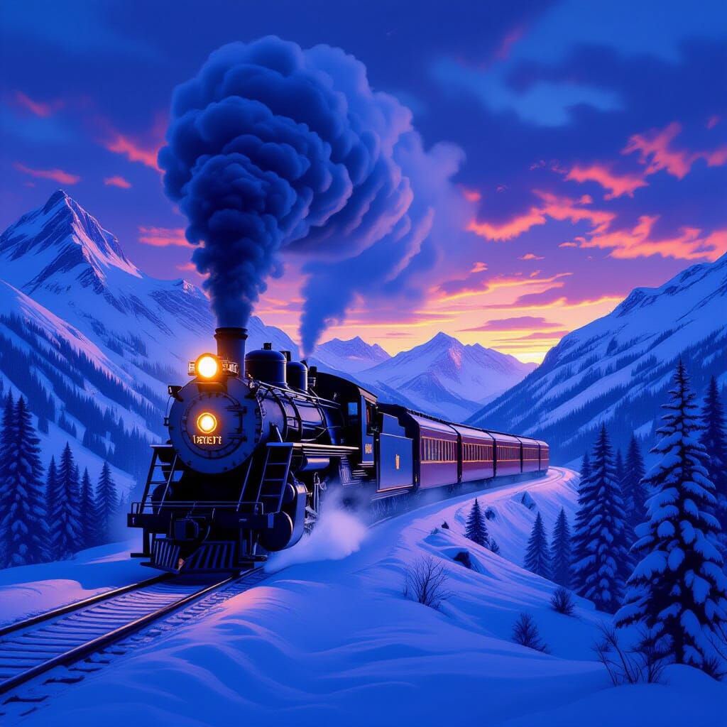 Steam Train Crossing Frozen Mountain Pass at Twilight
