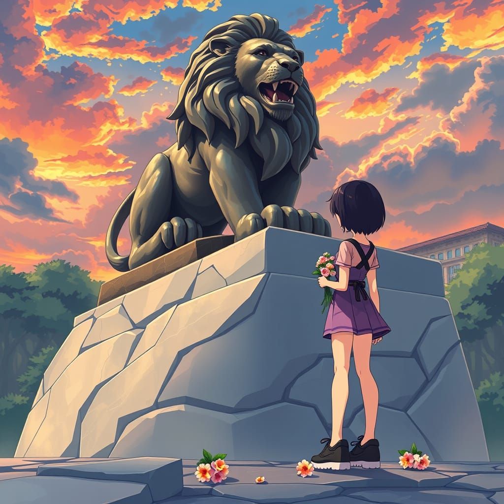Anime Girl at Lion Monument in Studio Trigger Style