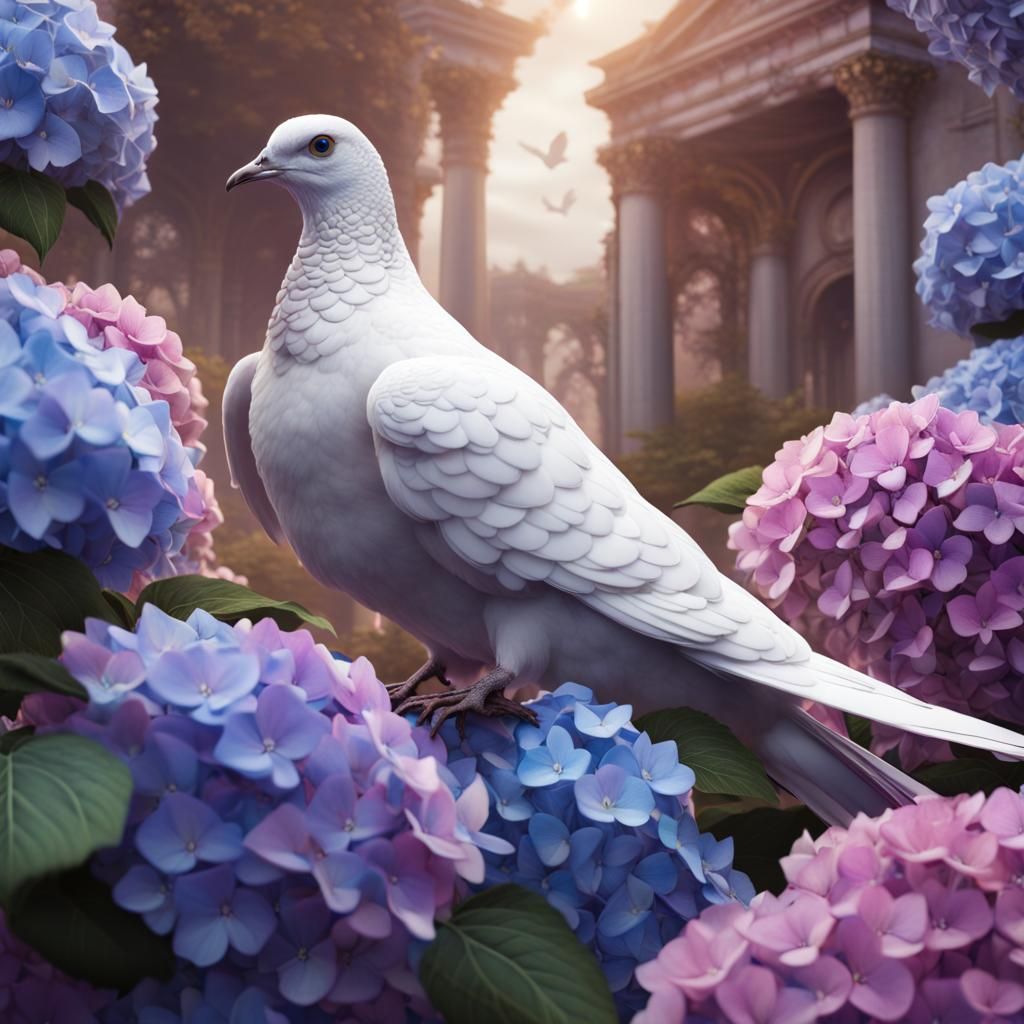 Gold Dove Among Colorful Hydrangeas