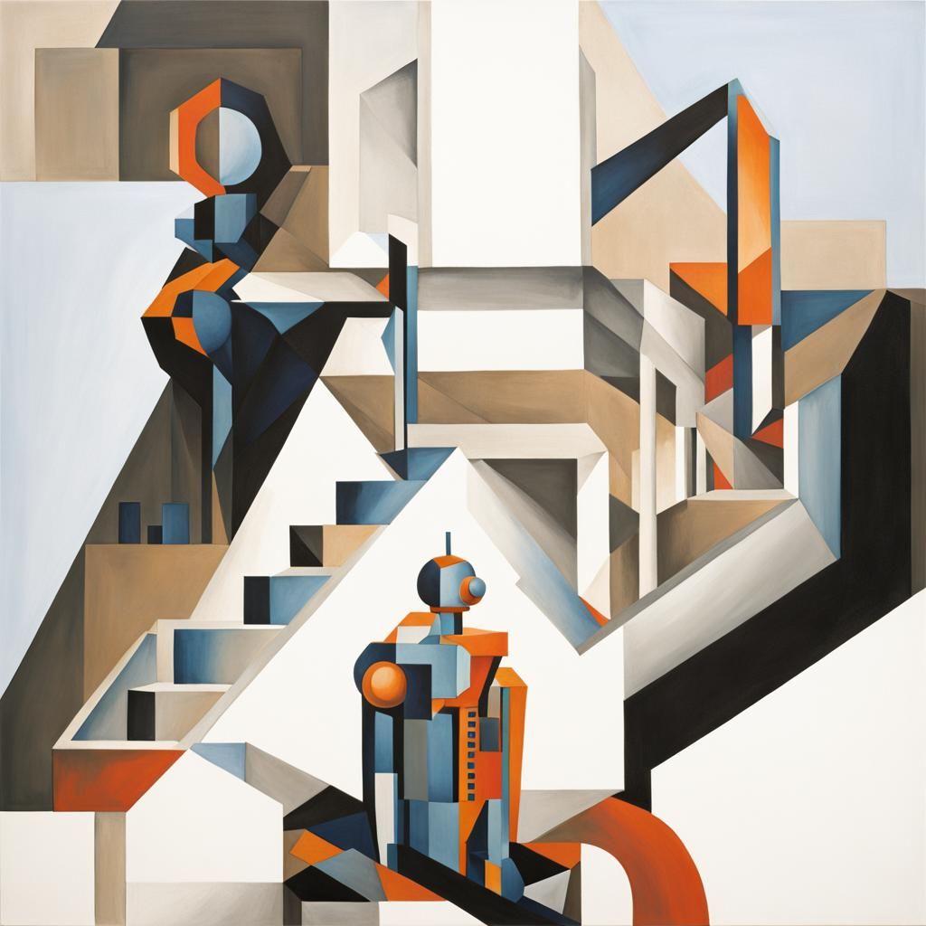 Geometric Robot in Orphism Style With Abstract Staircase