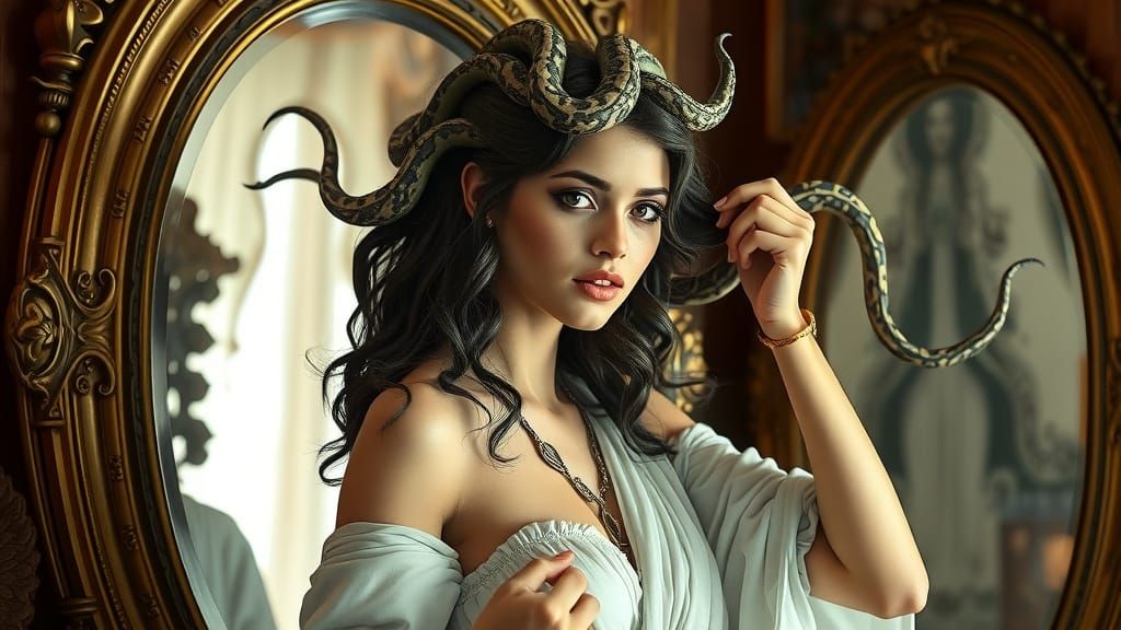 Medusa Trims Her Hair in a Vintage Mirror