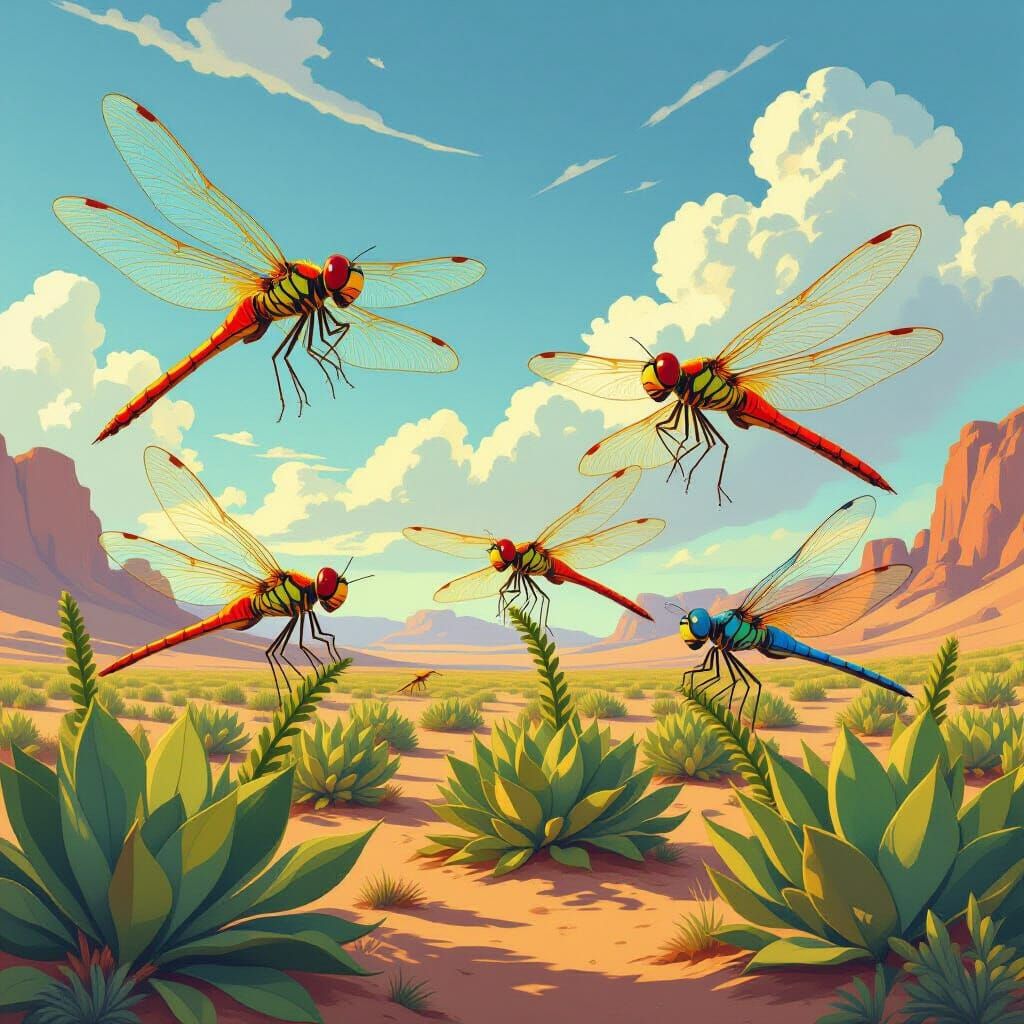 Giant Iridescent Dragonflies in a Surreal Desert Landscape