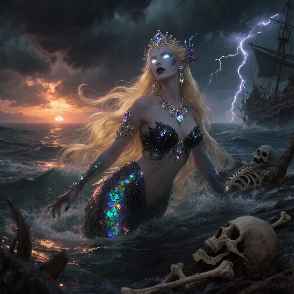 Mermaid Queen Emerges from Stormy Ocean Sunset