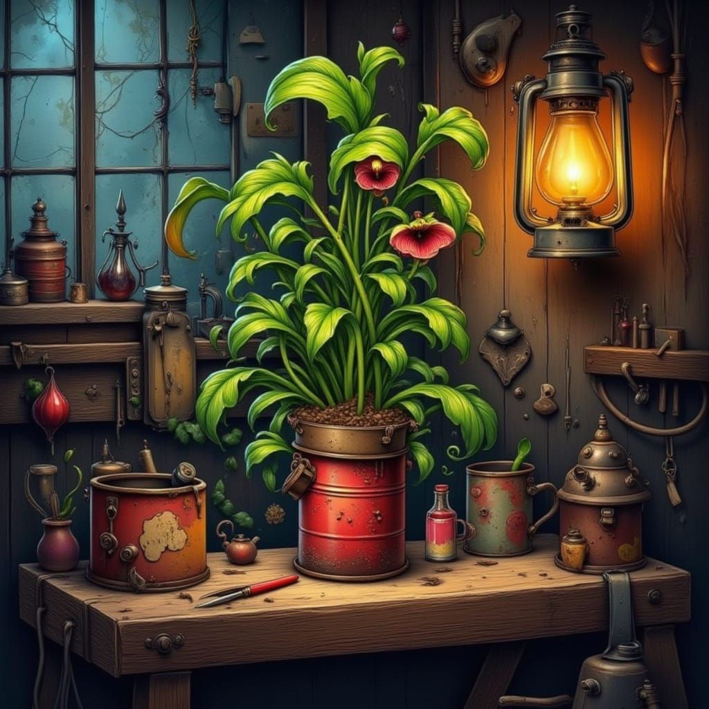 Whimsical Flytrap in Rusty Can, Neo-Traditional Tattoo Style