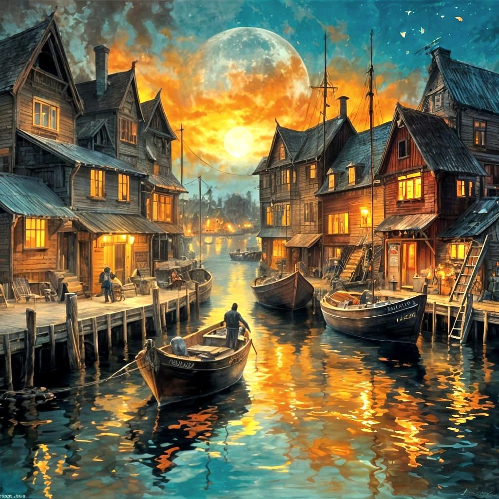 Vibrant Moonlit Harbor Town Painting