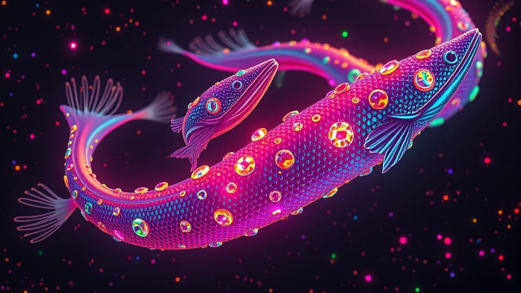Iridescent Eels Dance in Gemstone Galaxy