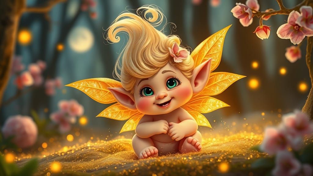 Whimsical Baby Troll with Golden Wings