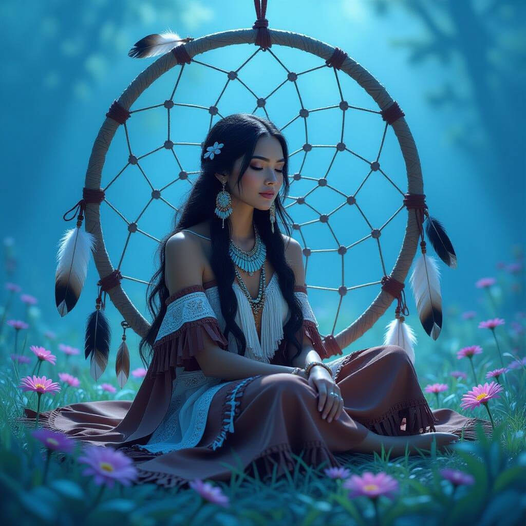 Native American Woman on Dreamcatcher in Whimsical Style