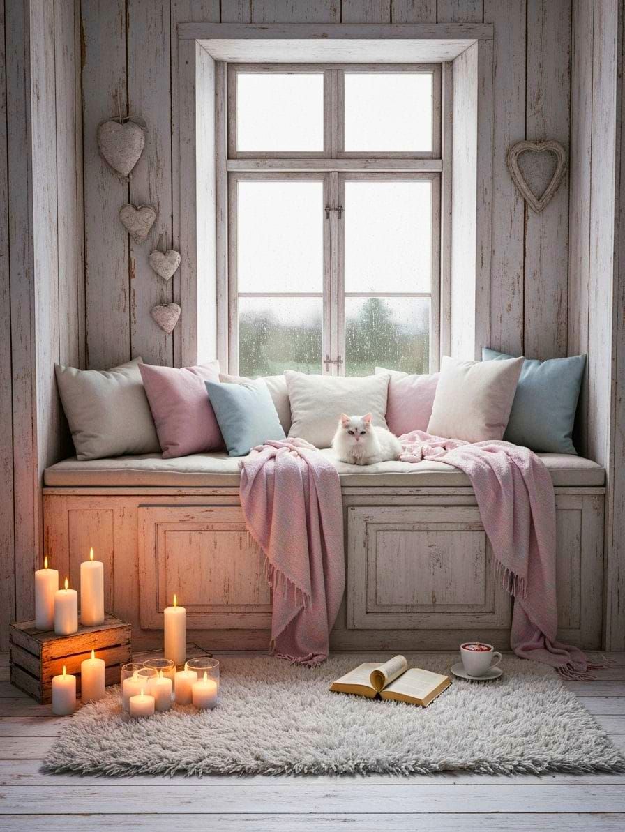 Cozy Winter Scene with Cat in Shabby Chic Room