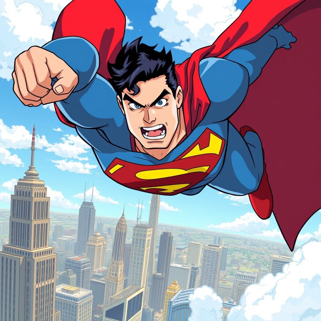 Anime Superman Flying Over Metropolis