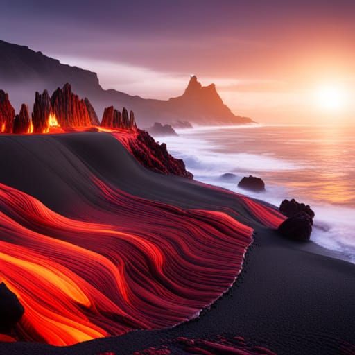 Black sand beaches with lava flames on the Big island of Hawaii