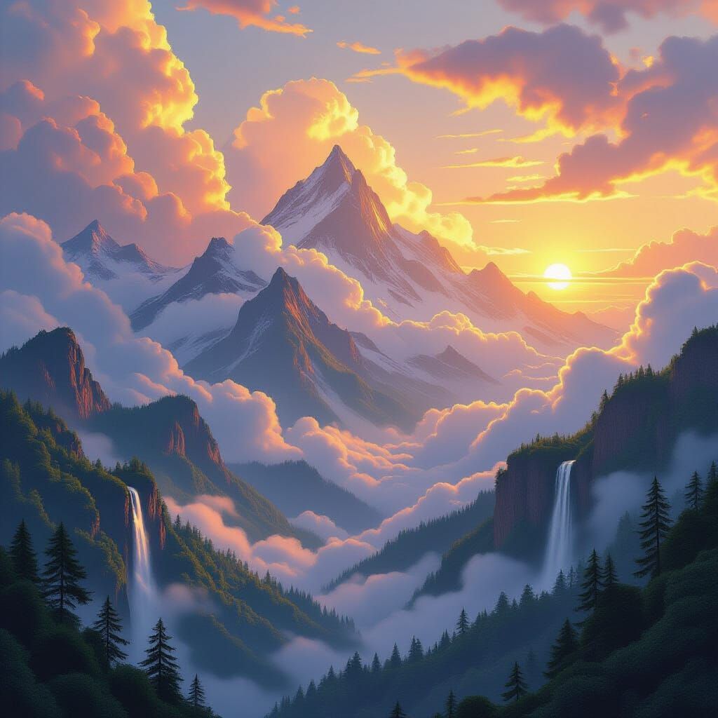 Floating Mountains with Waterfalls in Sunset Light