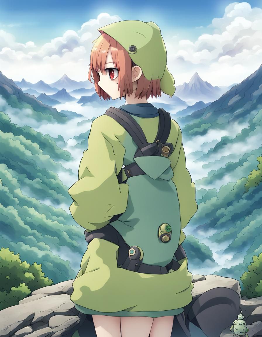 Girl in Gecko Outfit Gazing at Misty Mountains