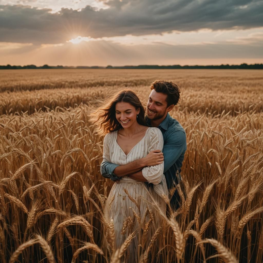 Happy Couple Embracing in Golden Wheat Field