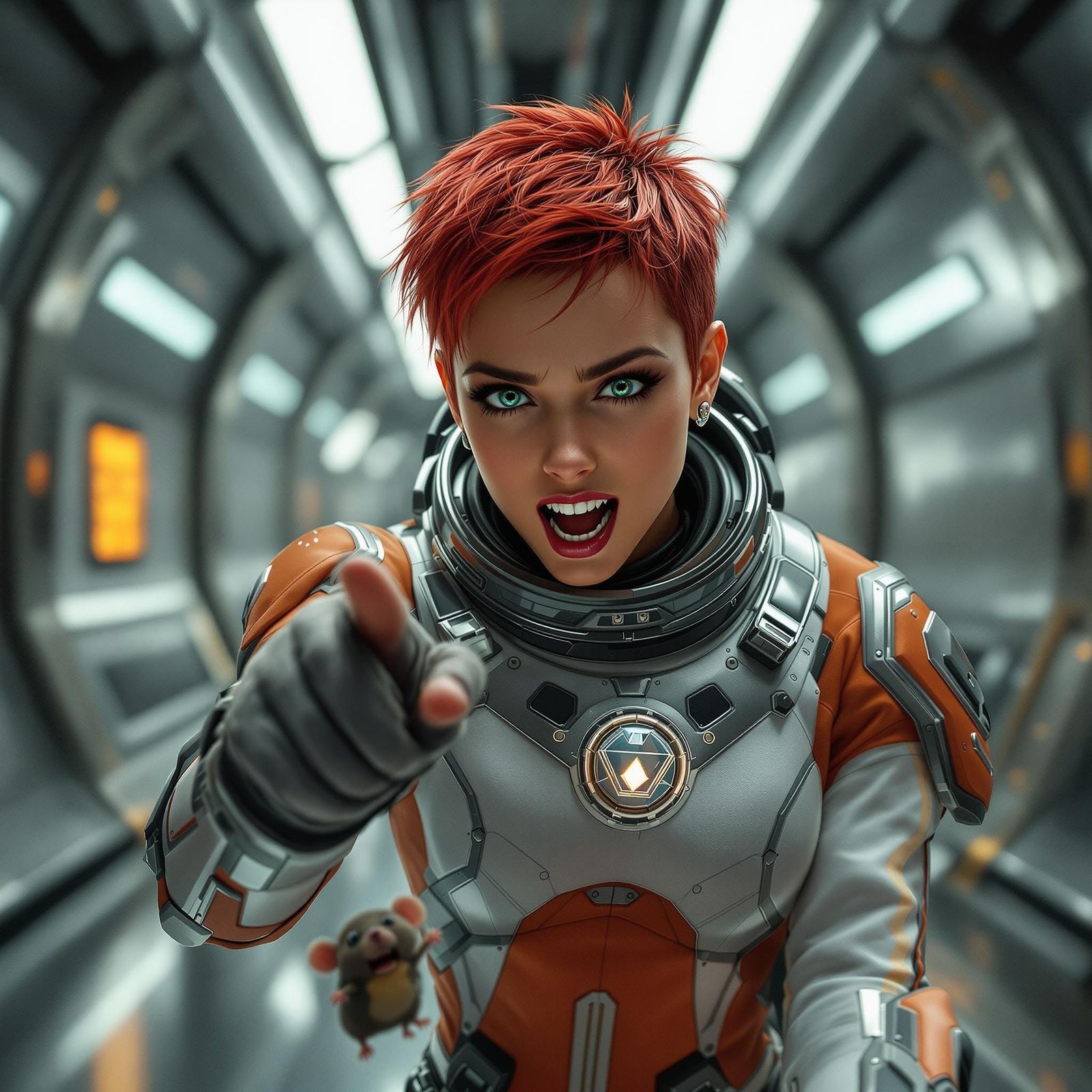 Fearless Space Pilot Confronts Tiny Foe in Futuristic Corrid...