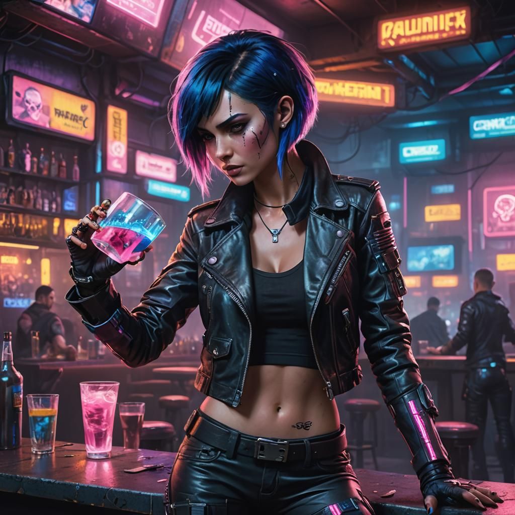 Cyberpunk Woman with Skull Glass in Neon Bar