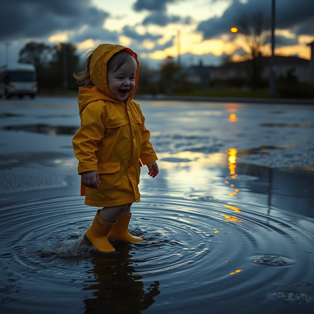 Child Splashing in Rainy Evening Light, Watercolor Style