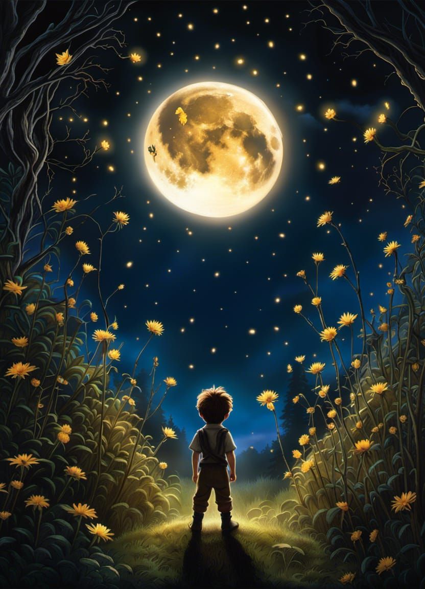 Child Holds Moon in Dark, Detailed Night Scene