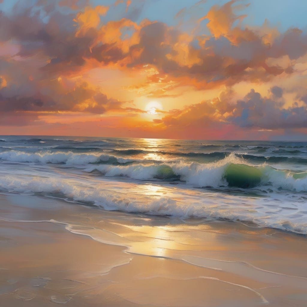 Surreal Sunset Beachscape in Vibrant Neo-Impressionist Style