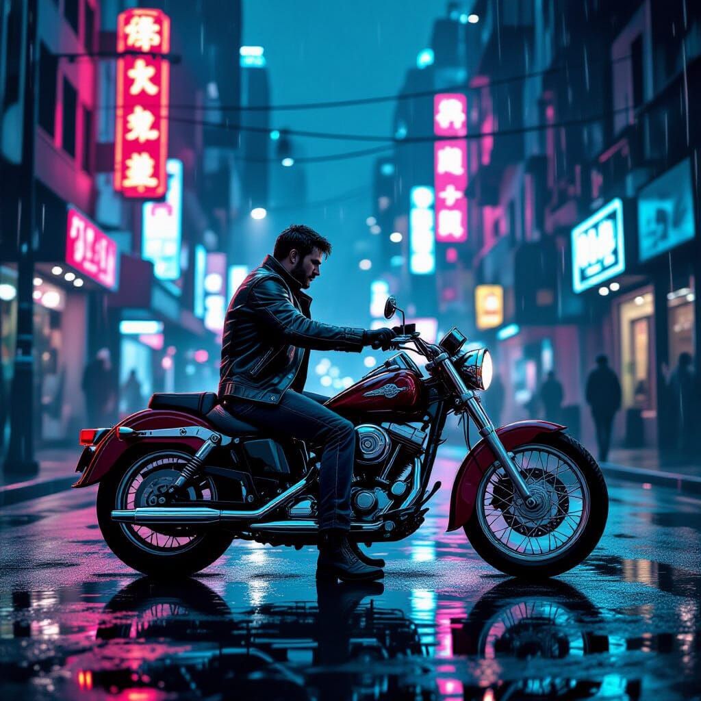 Man on Vintage Motorcycle in Cyberpunk City