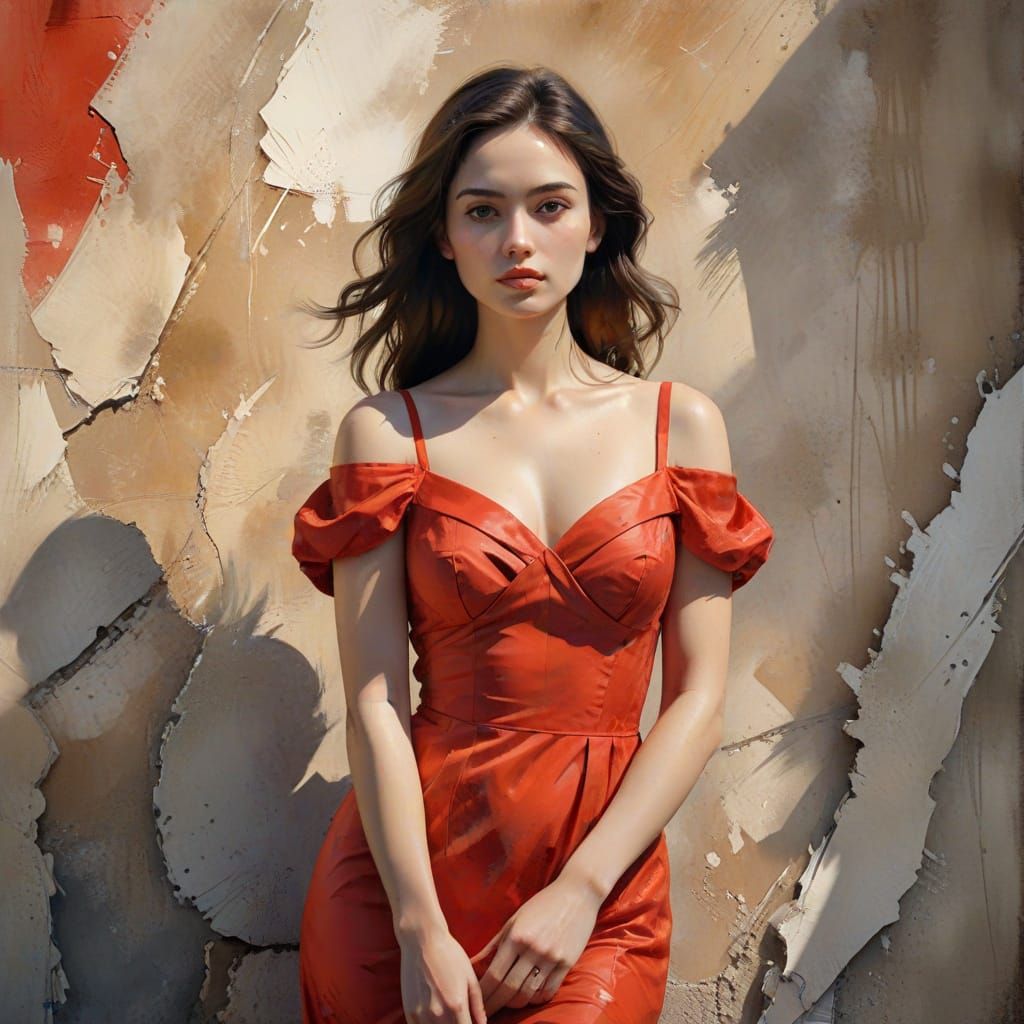 Sensual Red Portrait in Watercolor Style with Chiaroscuro Li...