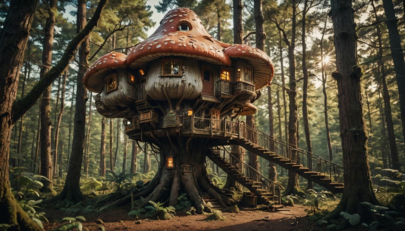 Cinematic Mushroom Treehouse with Film Grain Effect