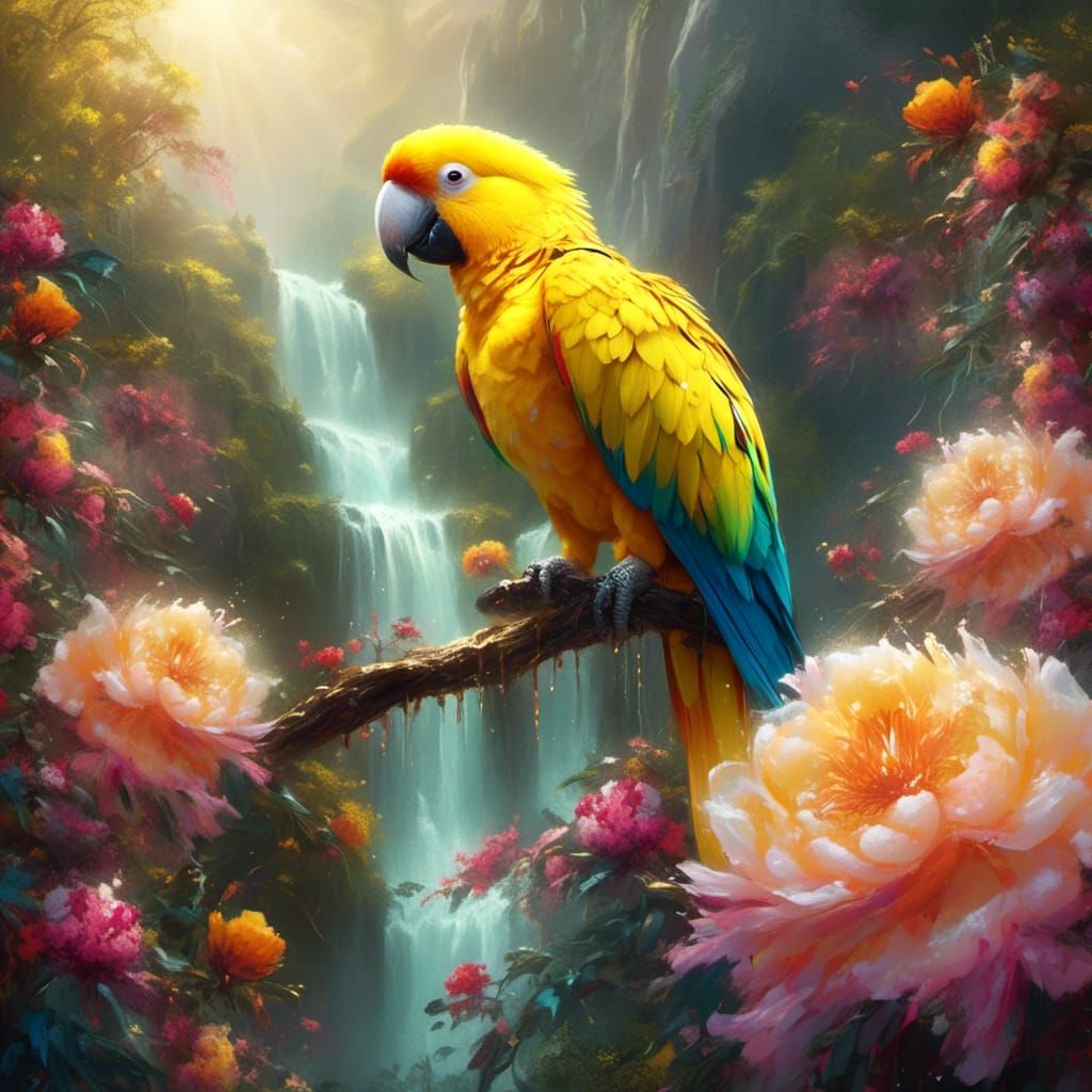 Yellow Parrot with Peonies in Photorealistic Style