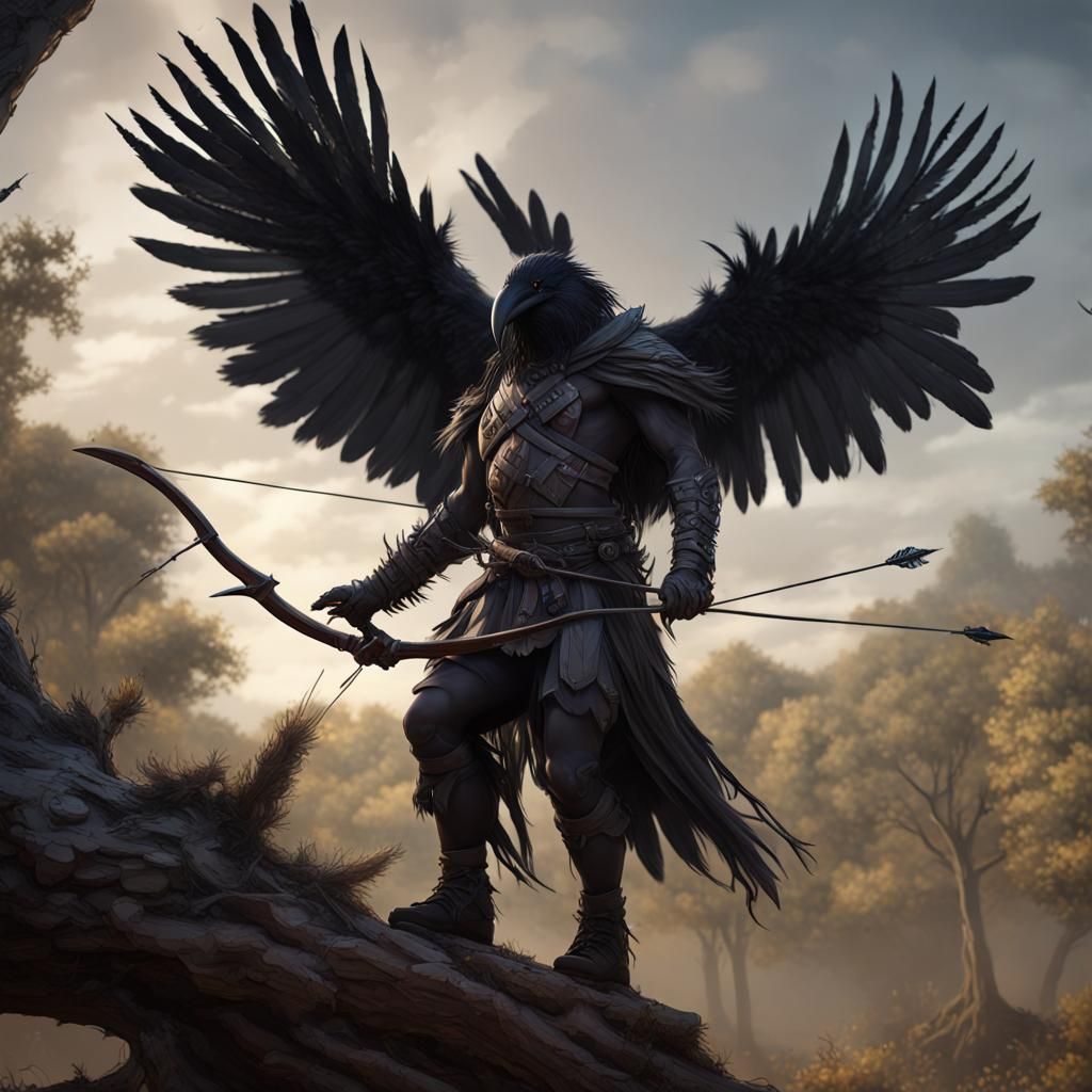 Crow Archer Fires at Demon: Dark Fantasy Concept Art