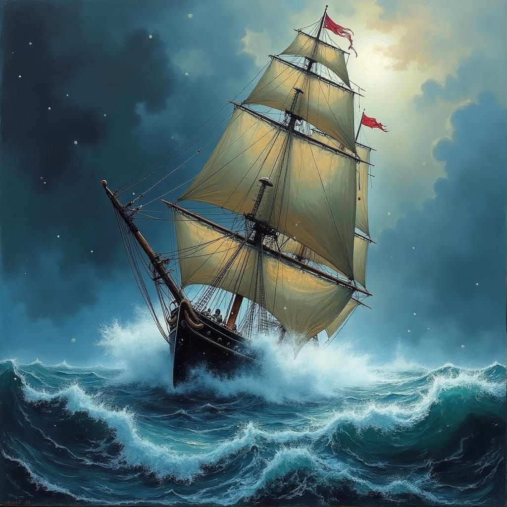 Sailship Battles Tempestuous Snowstorm: Dramatic Seascape