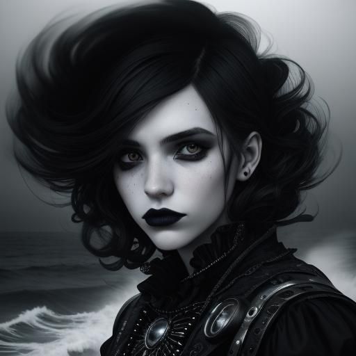 Goth Model and Steampunk Computer in Dramatic Lighting