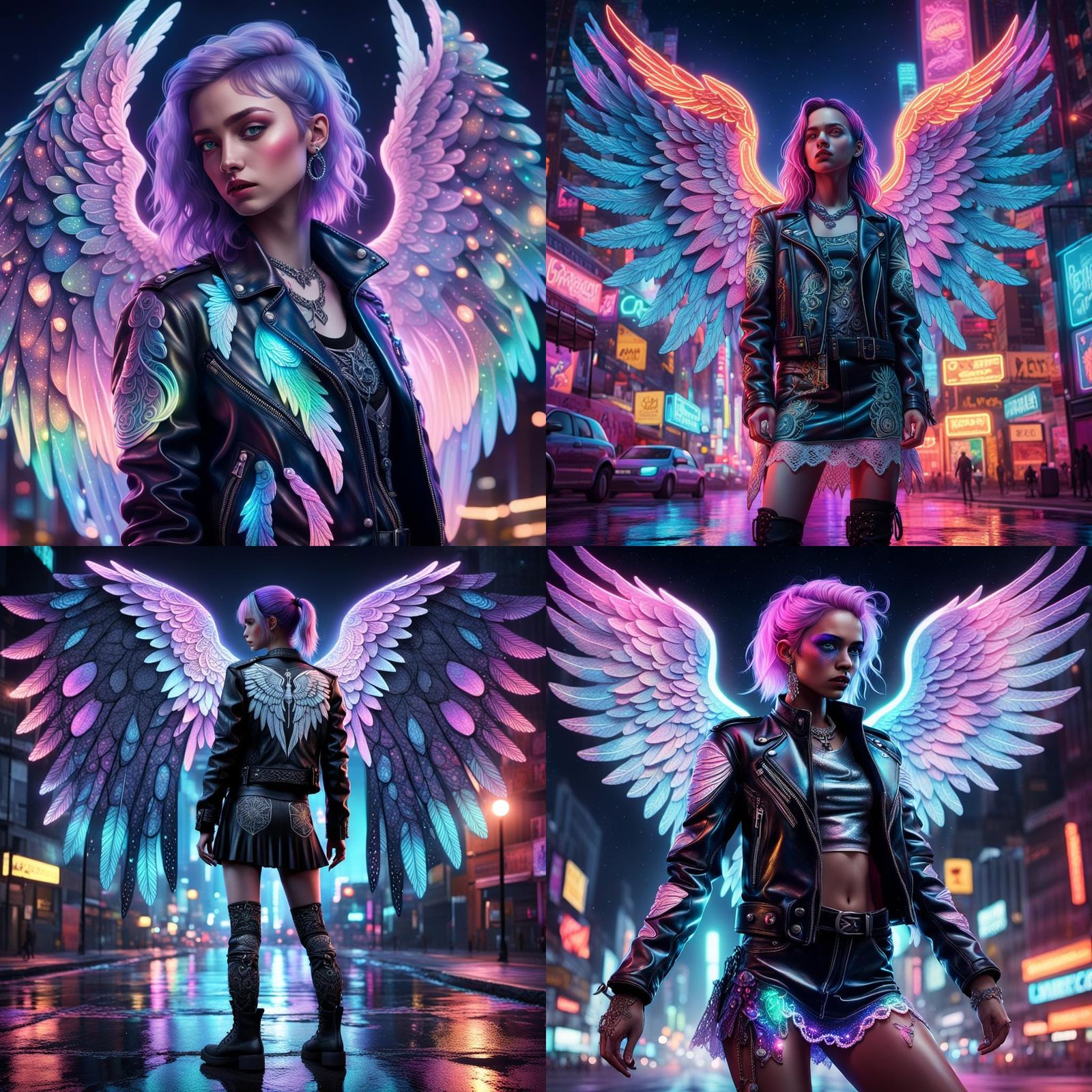Heartpunk Angel with Neon Wings in Cosmic Night