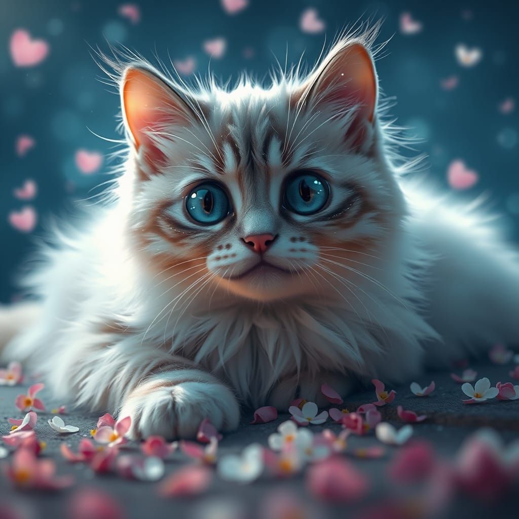Adorable Cat in Sakura Garden, Detailed Digital Art