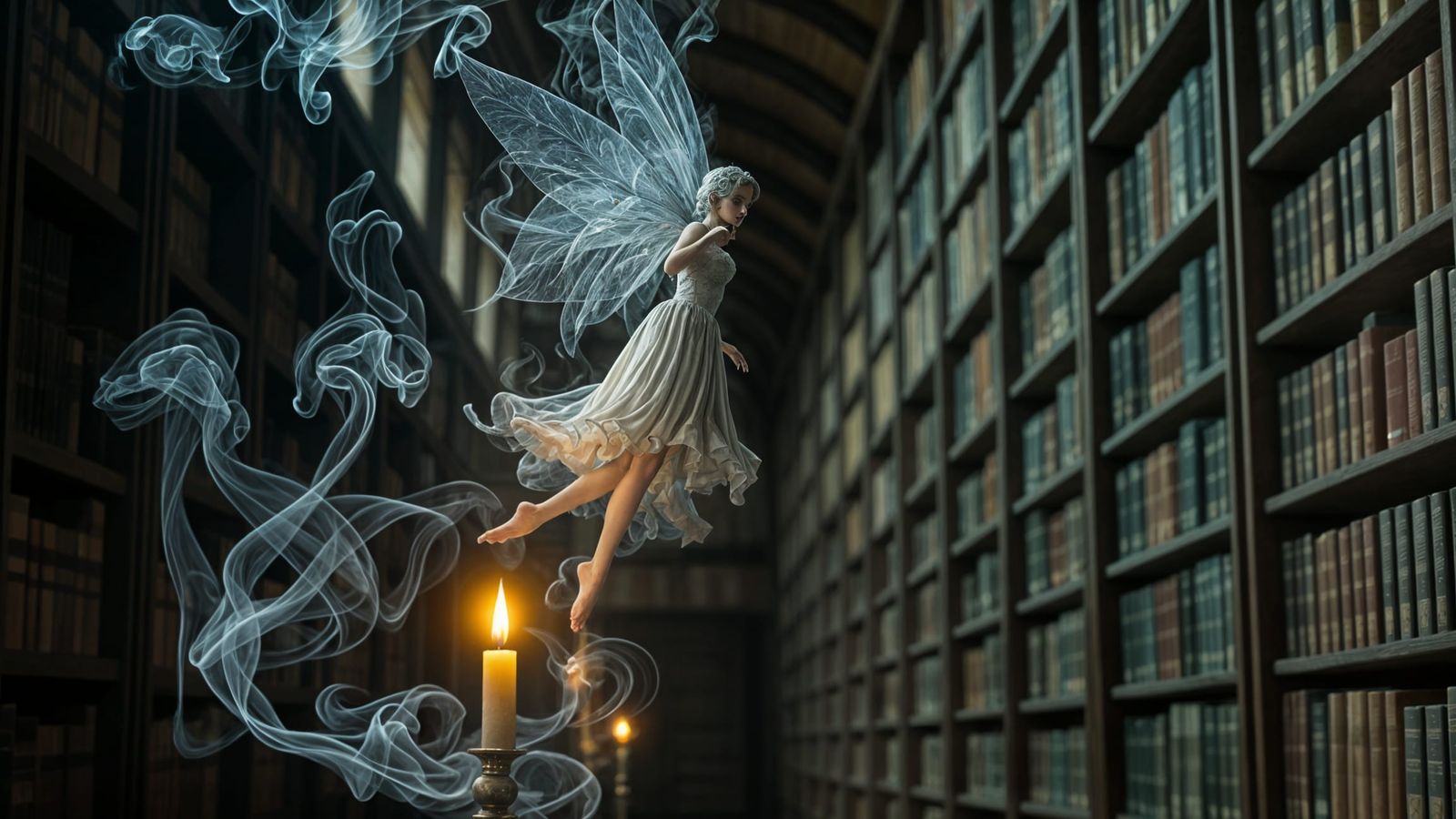 Ethereal Smoke Fairy Above Candle in Library Hallway